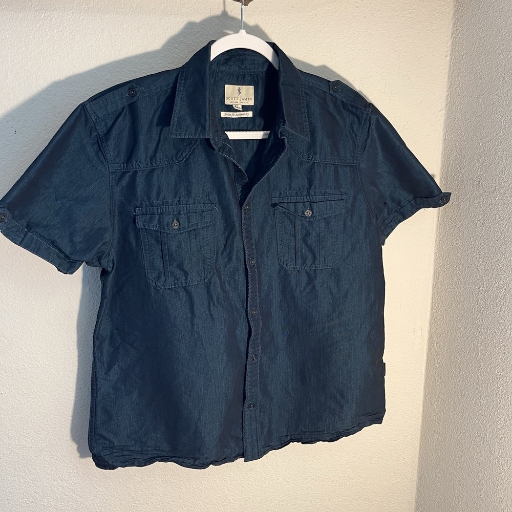 Scott James Shirt Men's XL Metallic Blue Short Sleeve Button-Up